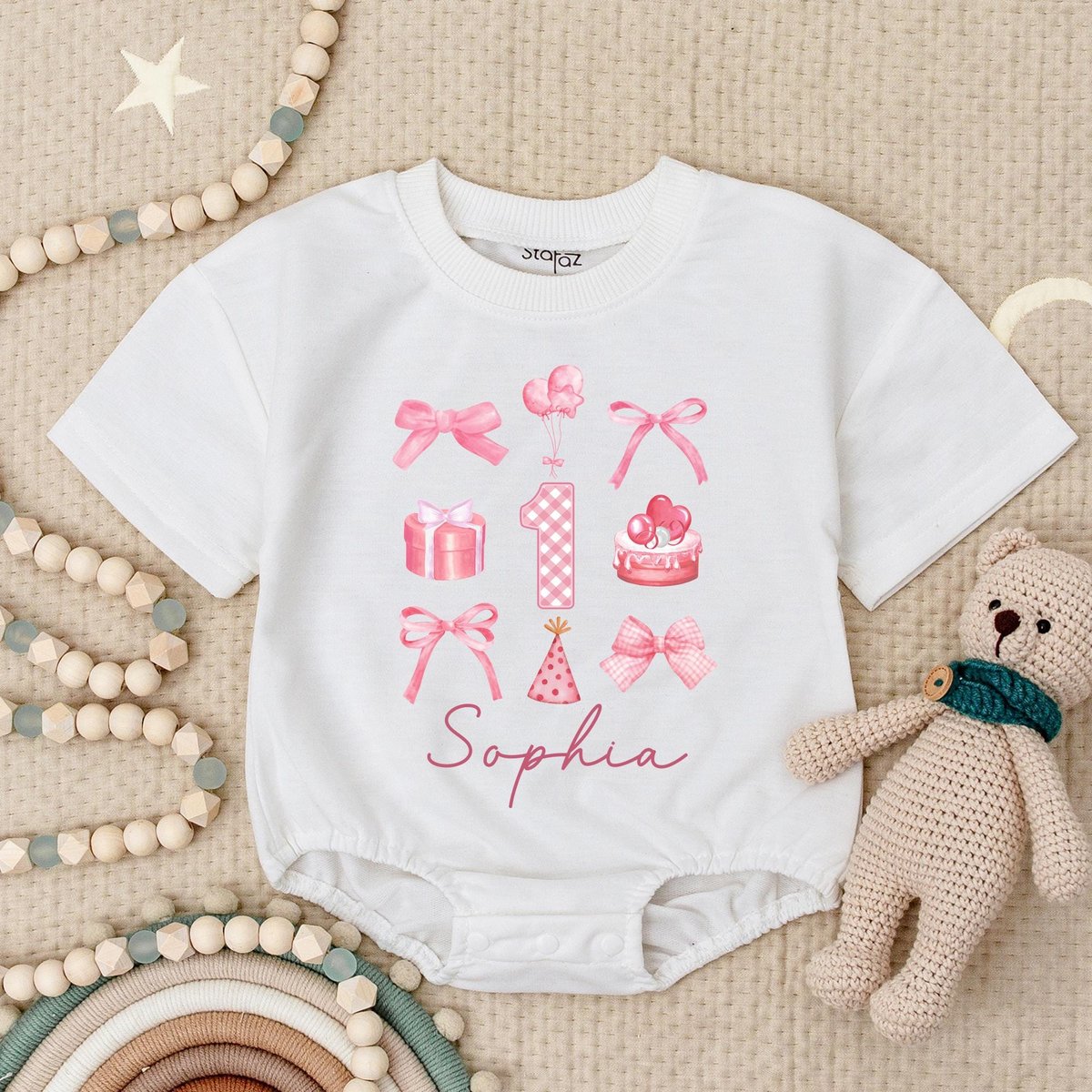 Personalized Name Cute Bow Birthday Baby Romper 1st Birthday Bodysuit For Baby Pink Bows Birthday Cu