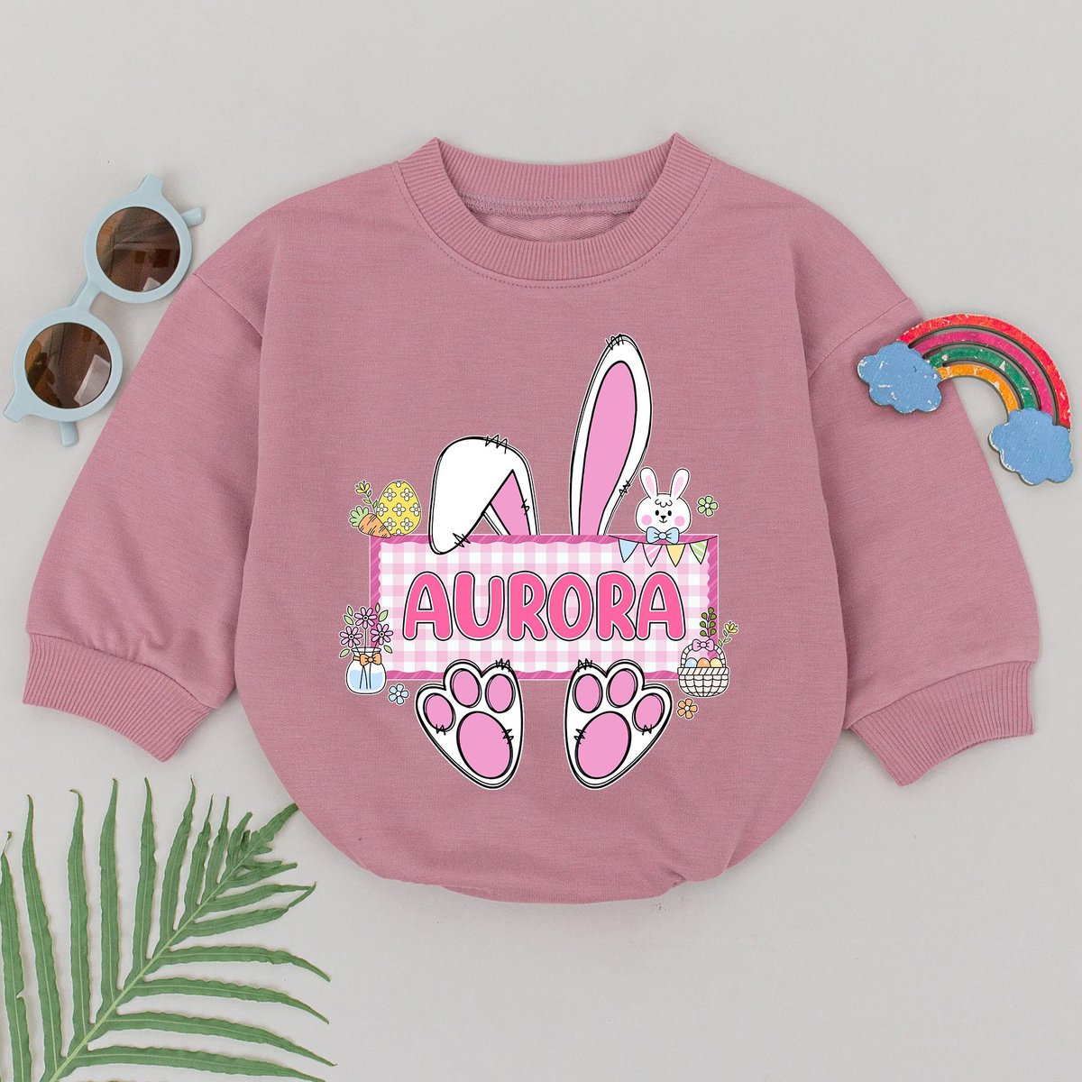 Personalized Name Easter Bunny Romper Bunny Ears Little Bunny Bodysuit Retro Easter Day Outfit Baby