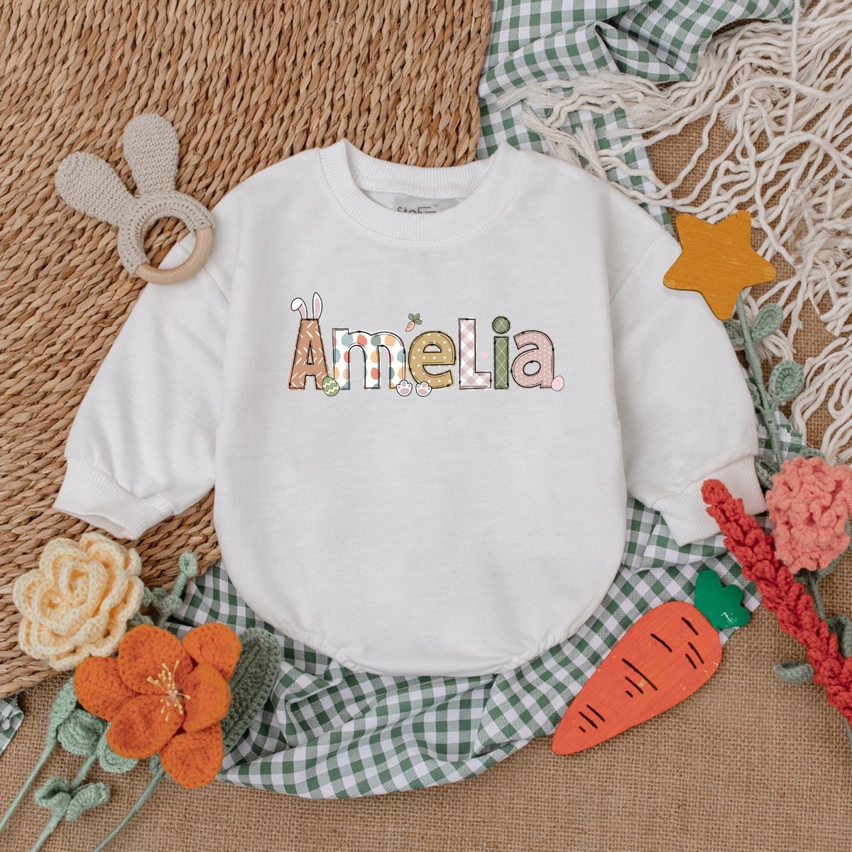 Personalized Name Easter Romper Retro Easter Bunny Bodysuit Easter Day Baby Gift First Easter Outfit 183