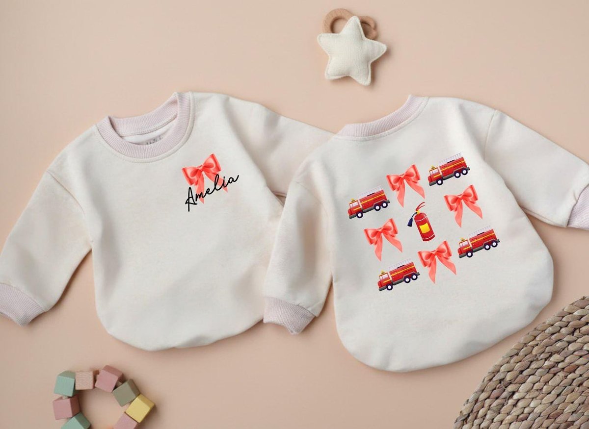 Personalized Name Firetruck Romper Coquette Firefighter Baby Bubble Romper Fire Truck Bubble Romper 436