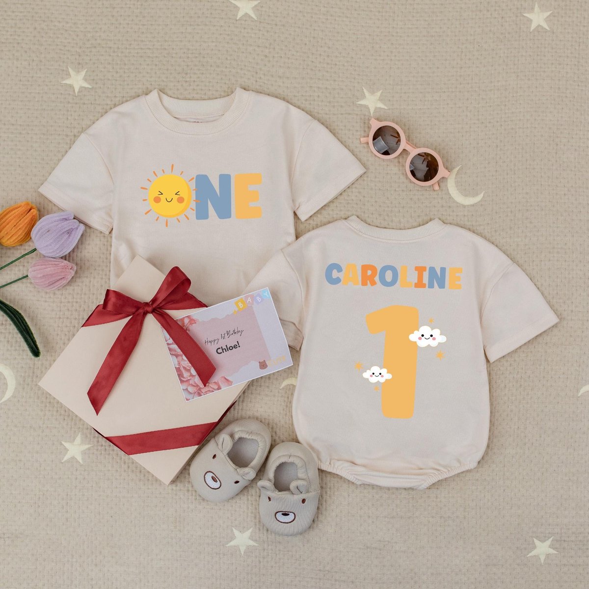 Personalized Name First Birthday Sun Baby Romper Sunshine Birthday Bodysuit Boho Sun 1st Birthday Ba