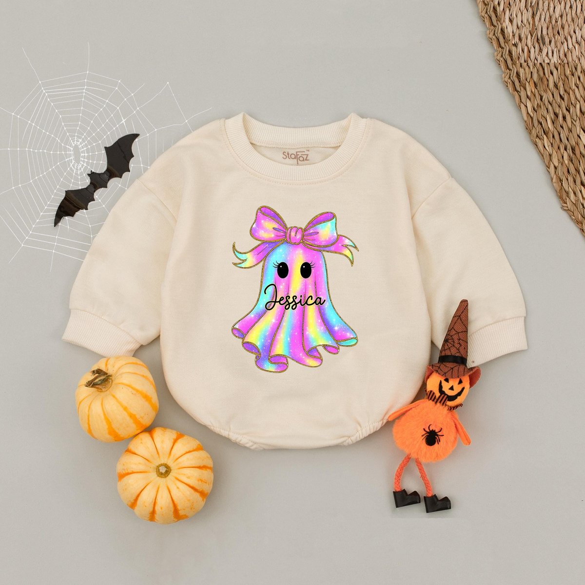 Personalized Name Ghost Halloween Baby Romper Short Sleeves Cute Boo Halloween Baby Bodysuit Toddler