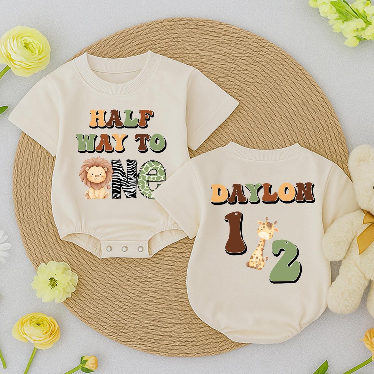 Personalized Name Half way to One Birthday baby clothes Safari Animals Boy 12 Birthday Wild One Wild 433