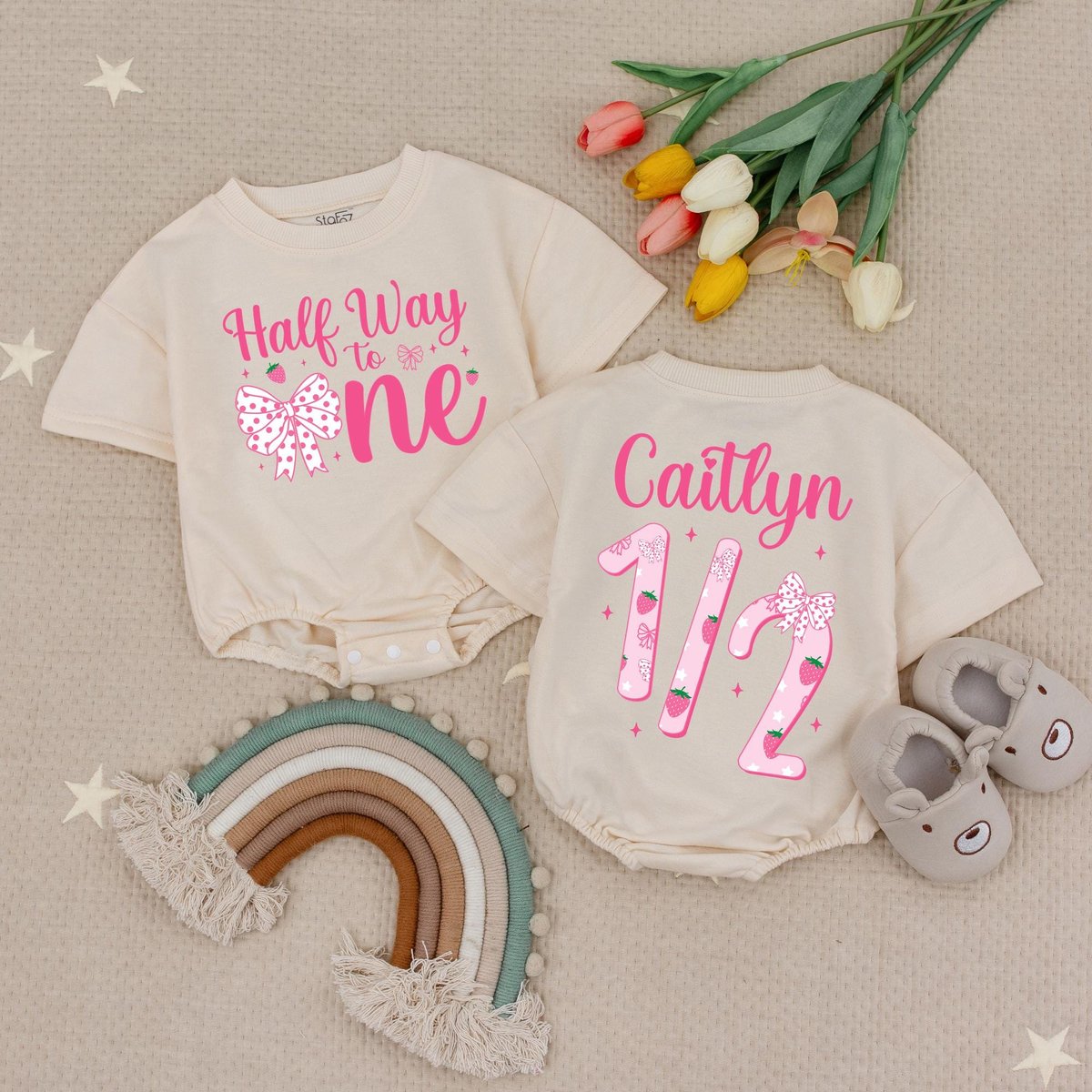 Personalized Name Half Way To One Bubble Romper Pink Bow Baby Romper 6 Months Birthday Outfit Half B