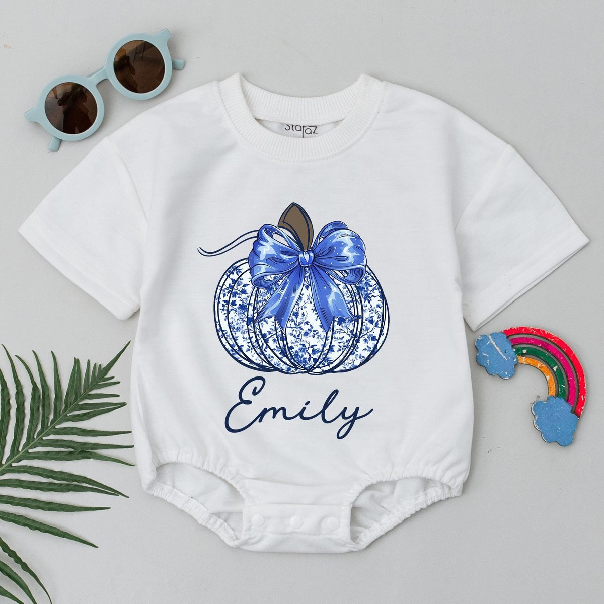 Personalized Name Halloween Romper Blue Chinoiserie Pumpkin Bodysuit Cute Floral Pumpkin Baby Outfit
