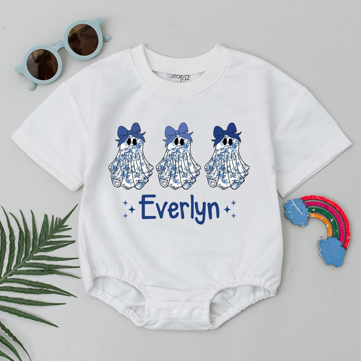 Personalized Name Halloween Romper Blue Chinoiserie Ghost Bodysuit Cute Halloween Boo Baby Outfit Fa