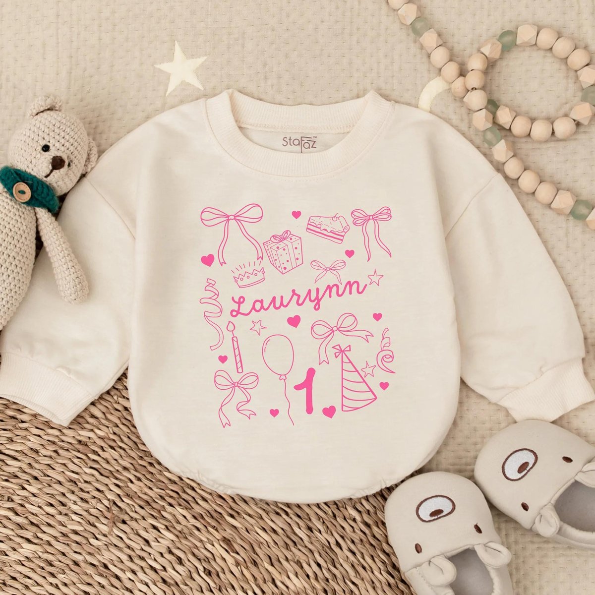 Personalized Name Hand Drawn Doodle Style Birthday Girl Bubble Romper Custom Baby Girl Outfit First
