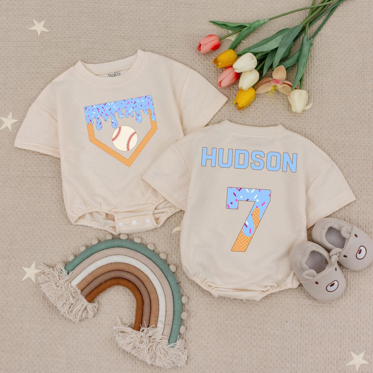 Personalized Name Kid Baseball Drip Baby Romper Custom Baseball Shirt for Boy Ice Cream Drip Bubble