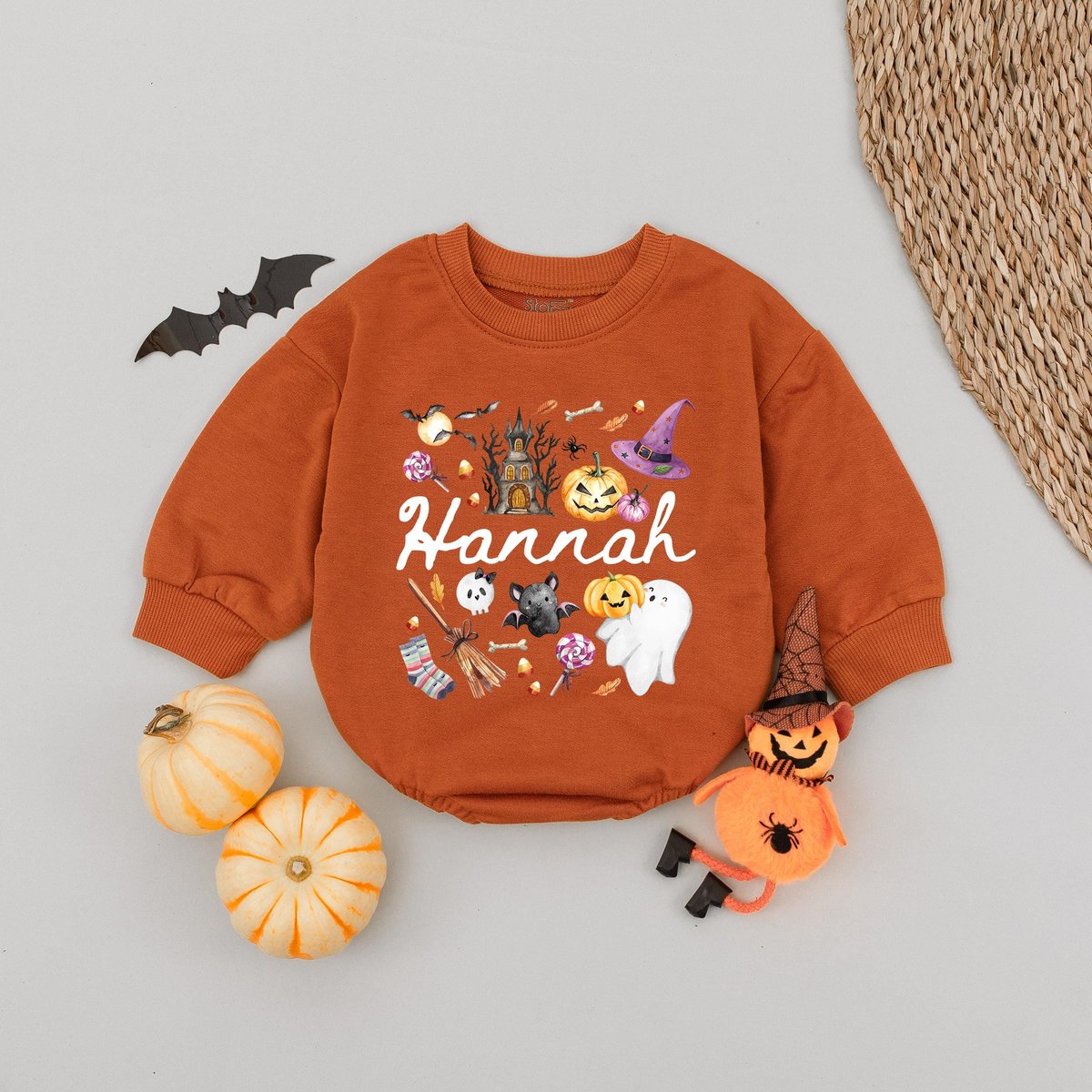 Personalized Name Kids Halloween Bubble Romper Gift For Girl Pink Cute Custom Girl Halloween Shirt W