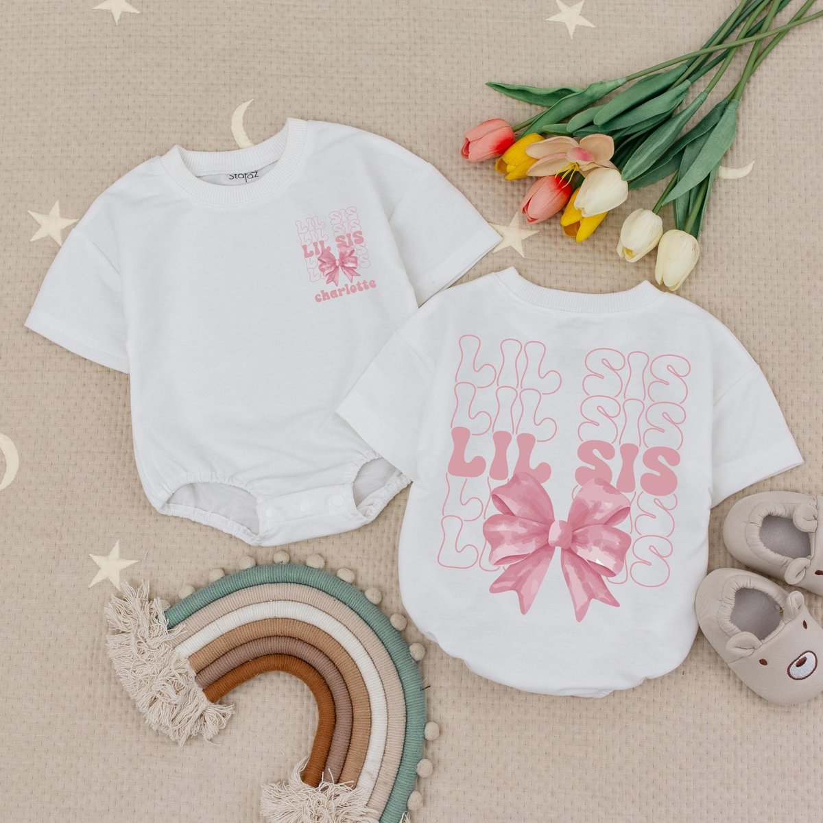 Personalized Name Little Sister Bubble Romper Lil Sis Pink Bow Baby Romper Custom Name Little Sis Ba