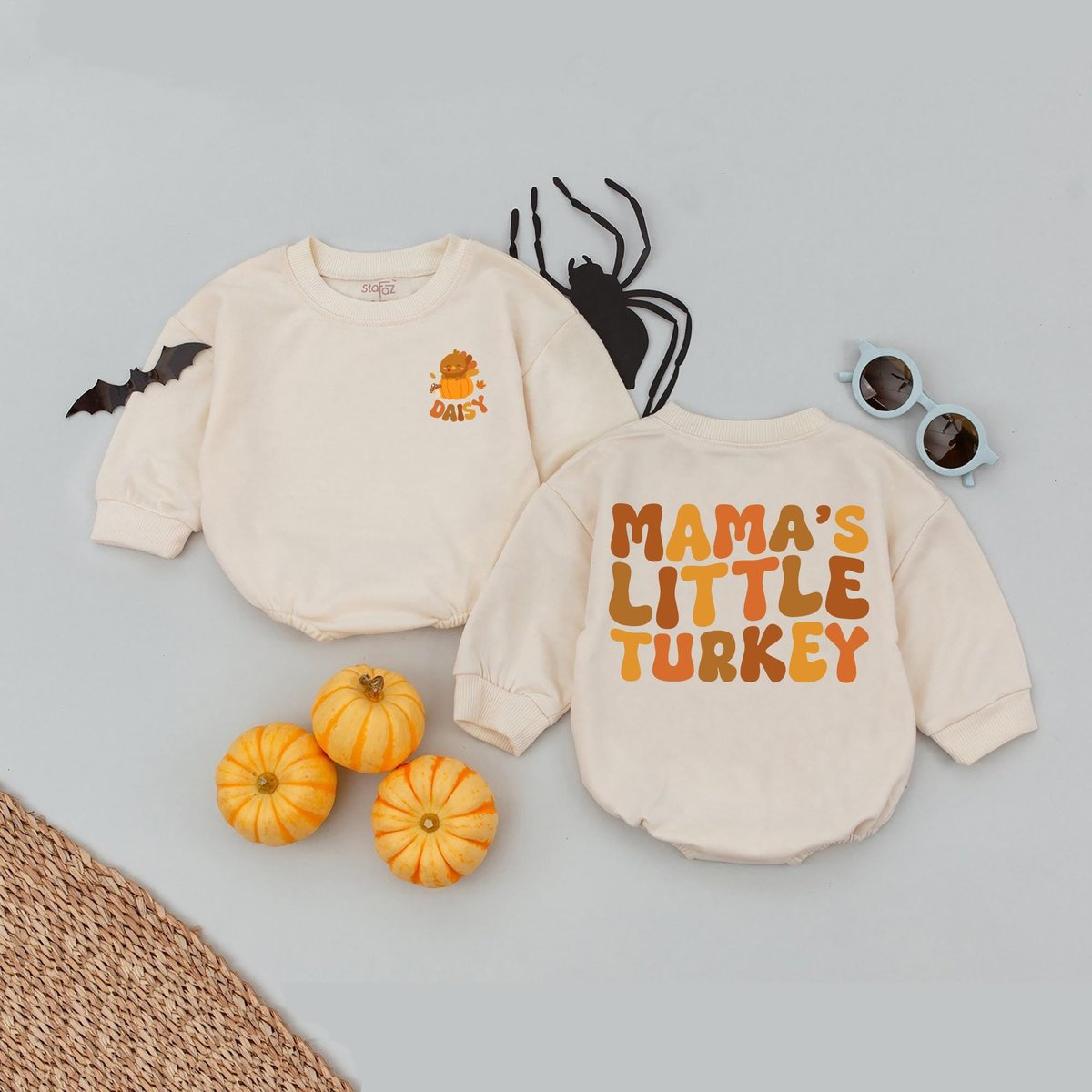 Personalized Name Mama's Little Turkey Baby Romper Mama's Baby Thanksgiving Outfit Pumpkin Pie App