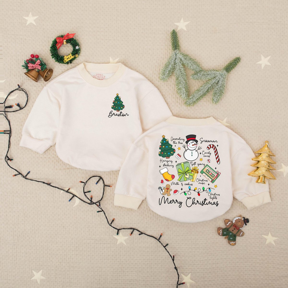 Personalized Name Merry Christmas Bubble Romper Cute Holiday Bodysuit Baby Shower Gift First Christm