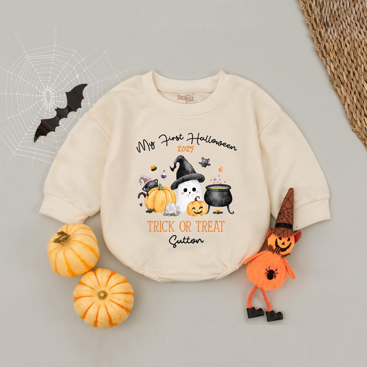 Personalized Name My First Halloween Trick Or Treat Baby Romper Cute Pumpkin Halloween Outfit Spooky