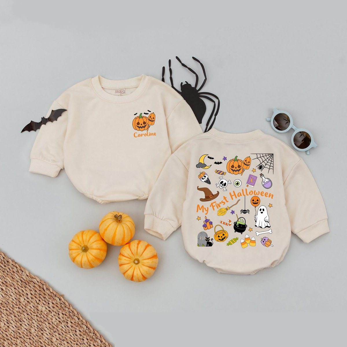 Personalized Name My First Halloween Season Baby Romper One Year Halloween Kids Name Bubble Romper C