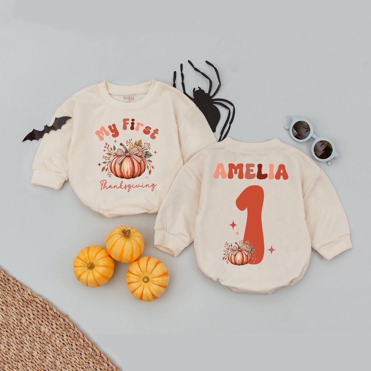Personalized Name My First Thanksgiving Romper Custom Name Thanksgiving Bodysuit Fall Thanksgiving G