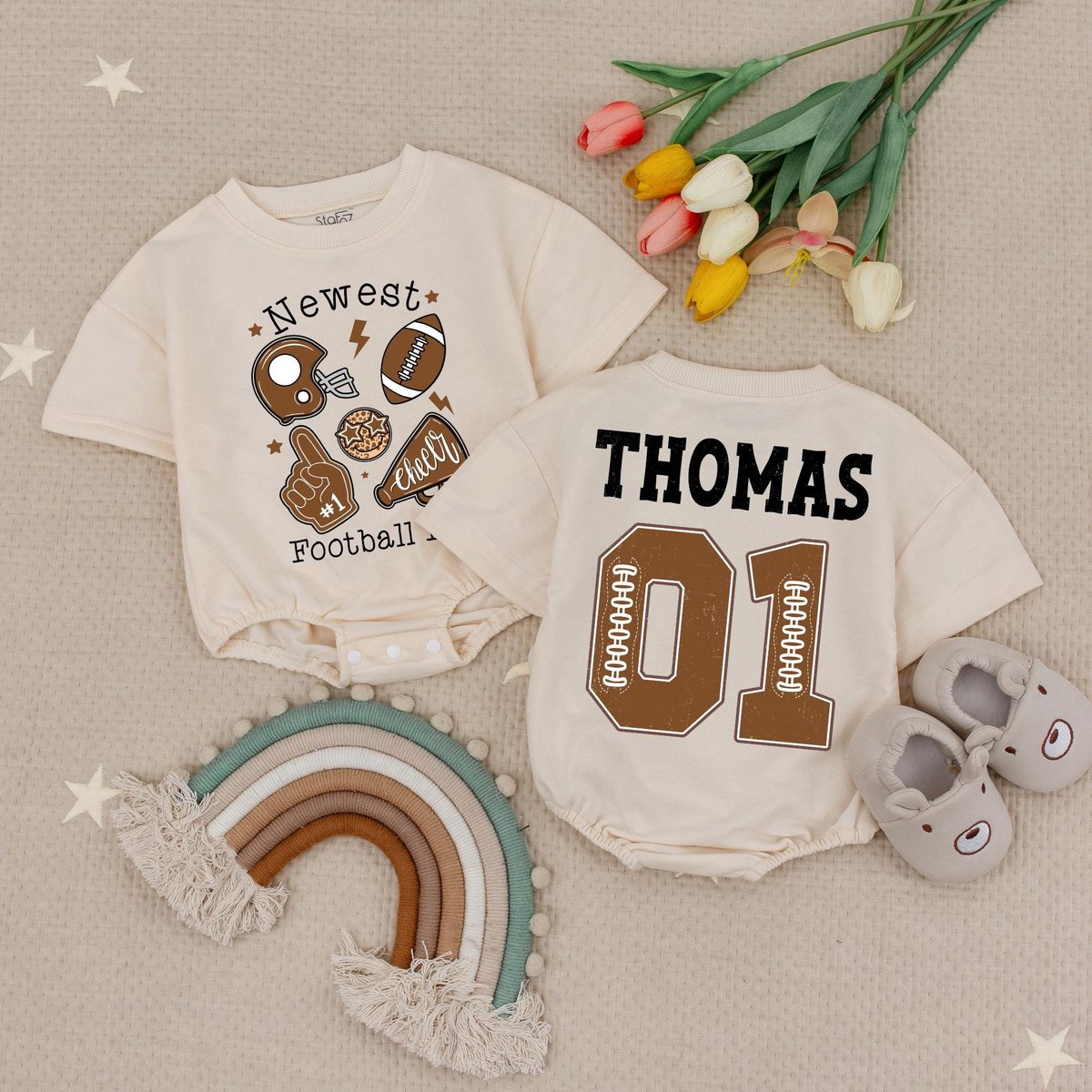 Personalized Name Newest Football Fan Baby Romper Custom Name and Number Game Day Baby Bodysuit Firs