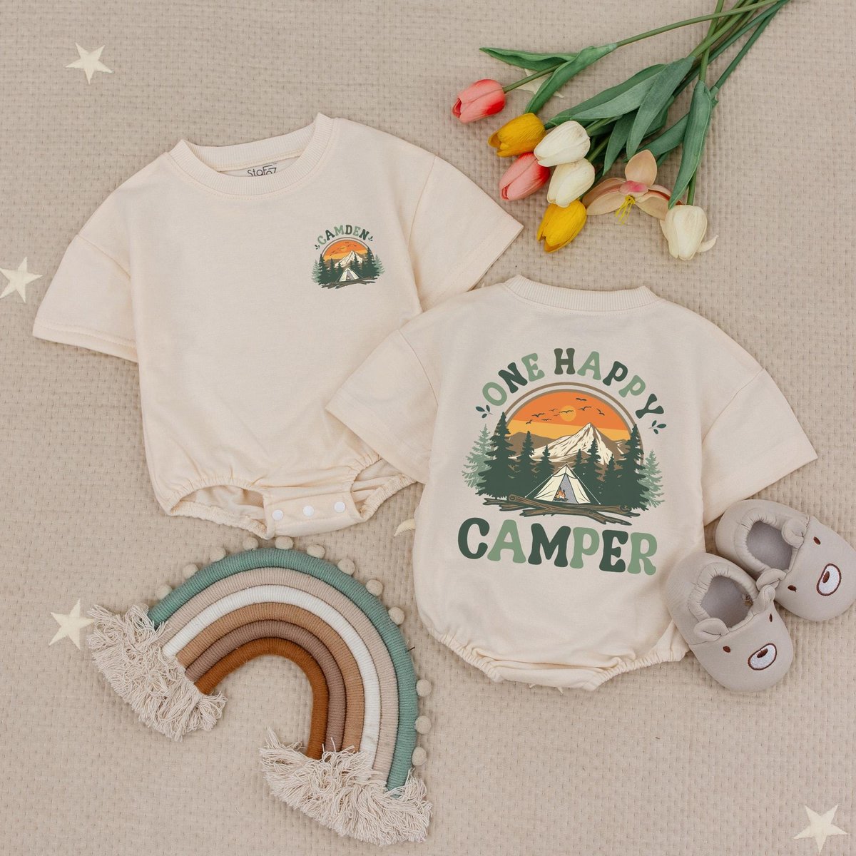 Personalized Name One Happy Camper Baby Romper First Birthday Baby Outfit Camping 1st Birthday Outfi