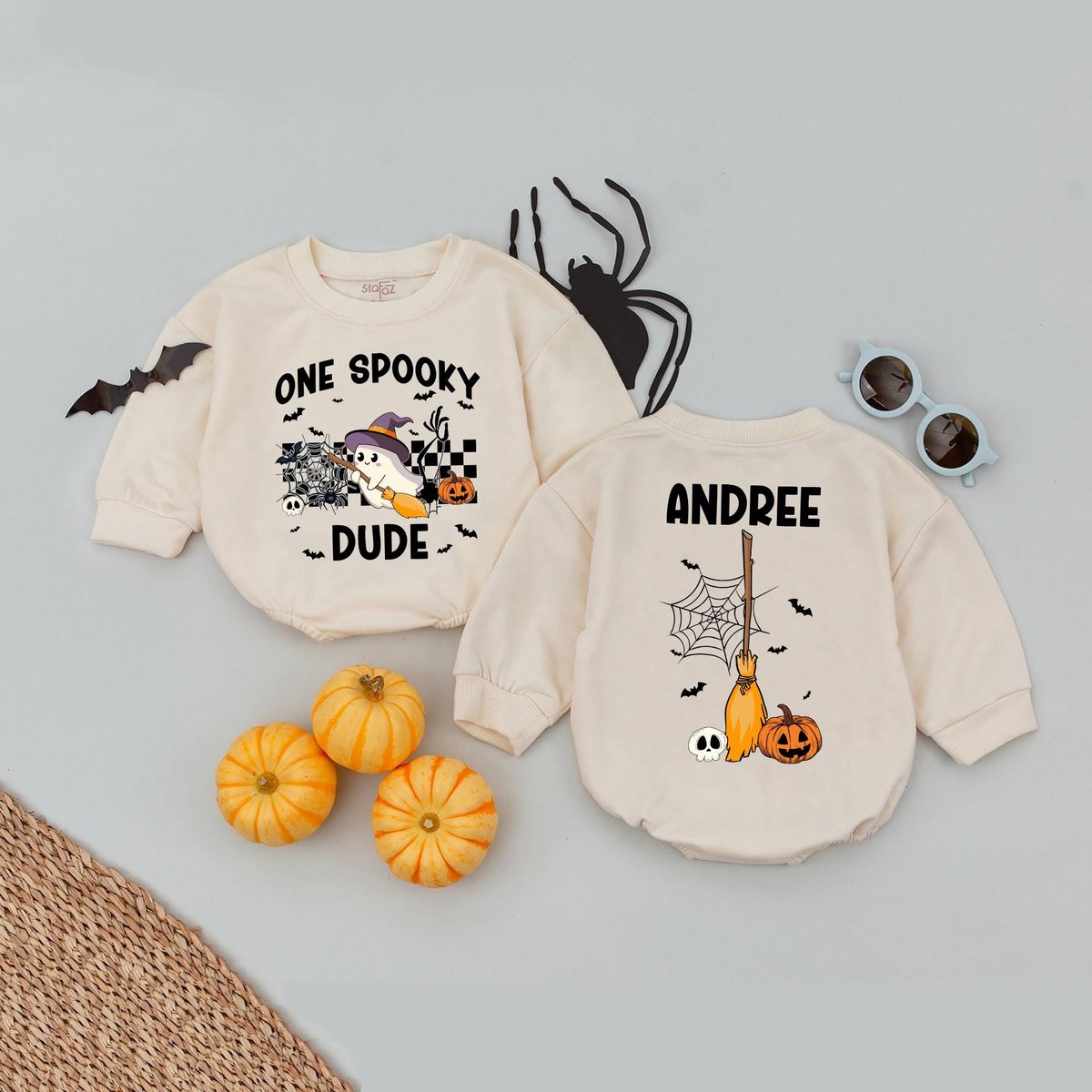Personalized Name One Spooky Dude Bubble Romper Boy Halloween Birthday Bodysuit Fall Baby Halloween