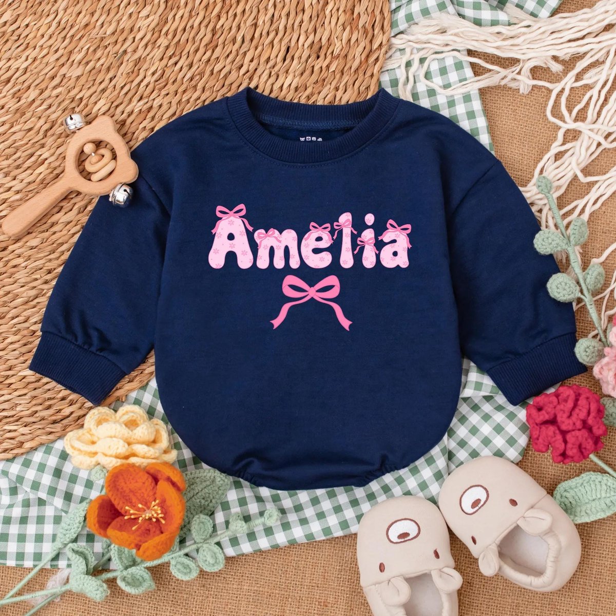 Personalized Name Pink Bow Baby Romper Custom Cute Baby Girl Outfit Long Sleeve Bubble Romper Toddle 188
