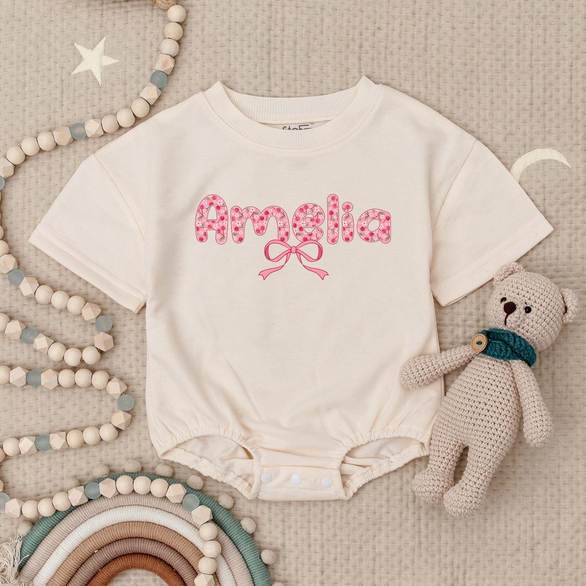 Personalized Name Pink Bow Baby Romper Short Sleeves Cute Bow Girl Baby Romper First Birthday Bodysu