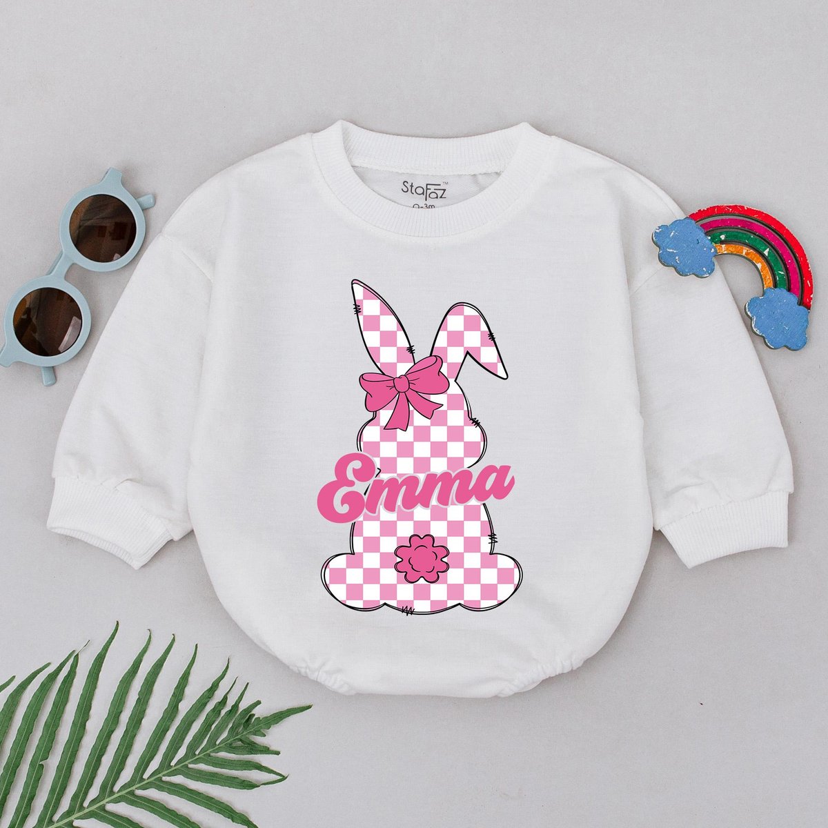 Personalized Name Pink Checkered Bunny Romper Retro Easter Day Romper Little Bunny Bodysuit First Ea