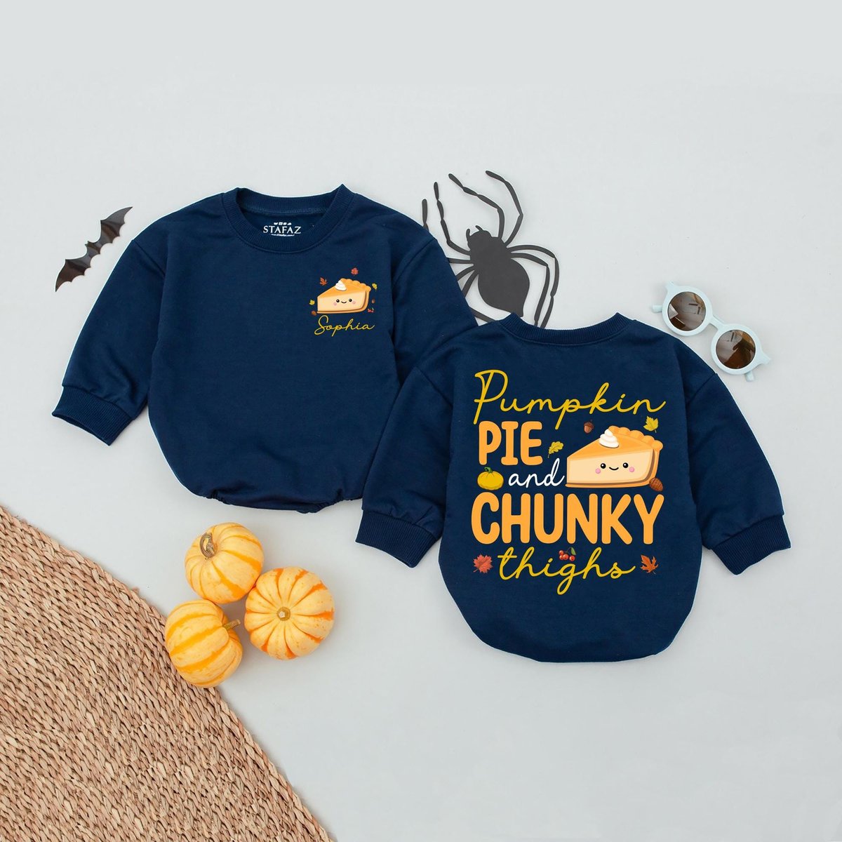 Personalized Name Pumpkin Pie and Chunky Thighs Baby Romper Baby Outfit Autumn Funny Thanksgiving Ba