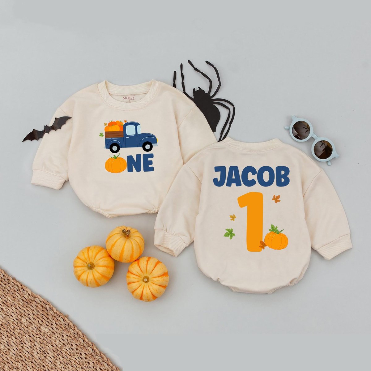 Personalized Name Pumpkin Truck 1st Birthday Boy Baby Romper First Birthday Navy Orange One Year Old