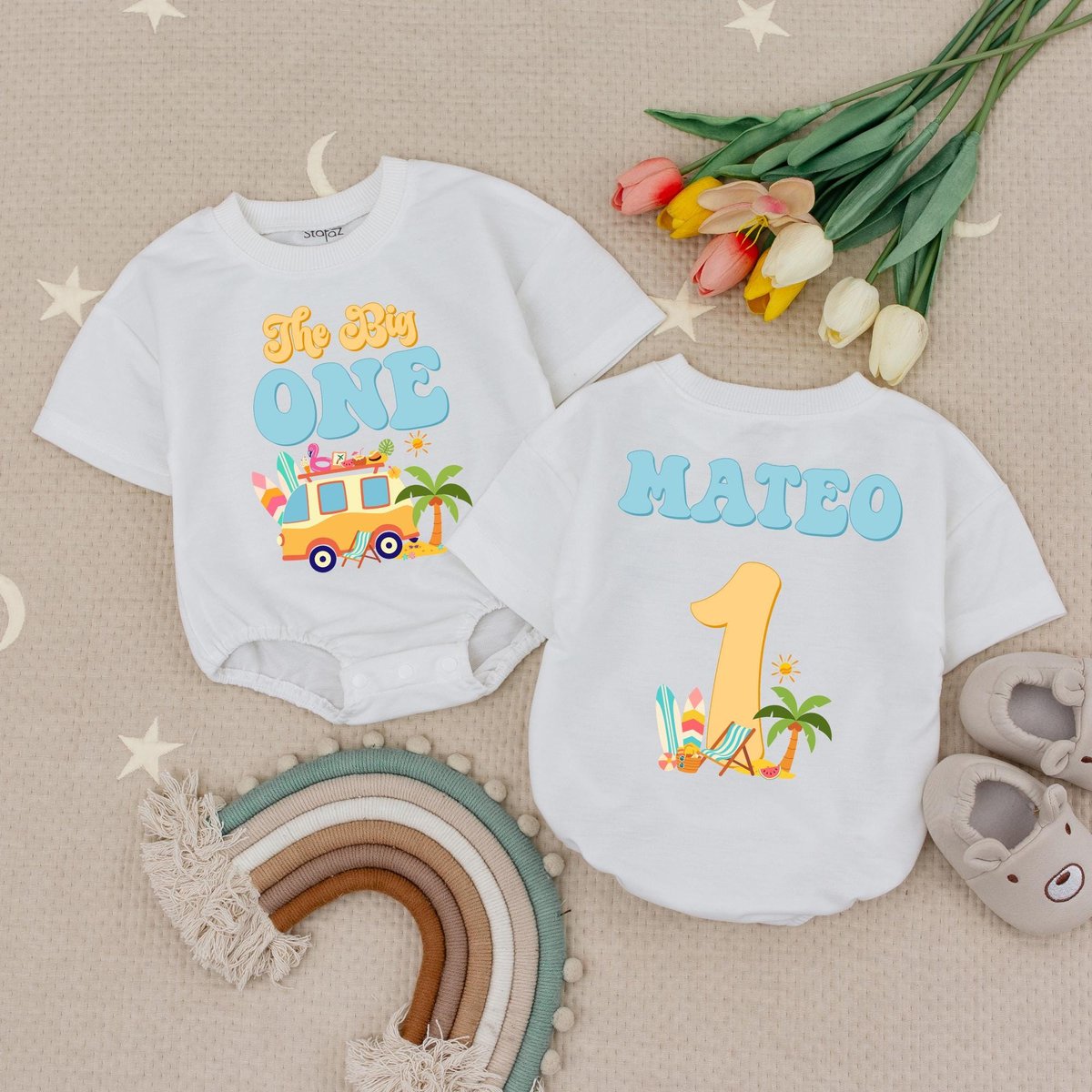 Personalized Name Retro Surf Bus Birthday Baby Romper The Big One First Birthday Babysuit One Year O