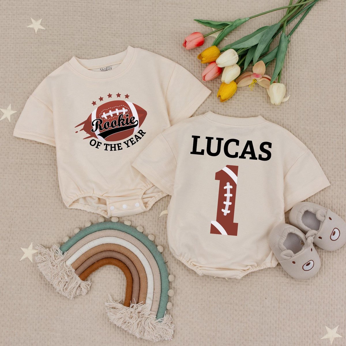 Personalized Name Rookie of the Year Baby Romper Custom Football Kids Shirt 1st Birthday Football Bu
