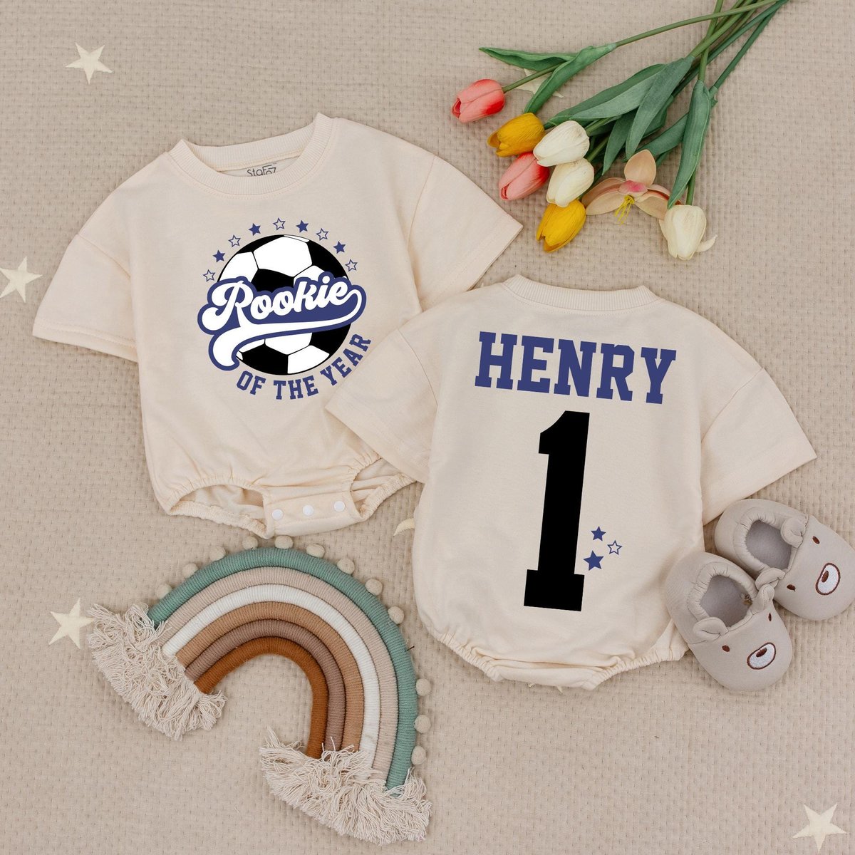 Personalized Name Rookie Of The Year Soccer Bubble Romper Custom Soccer Kids Shirts 1st Birthday Soc
