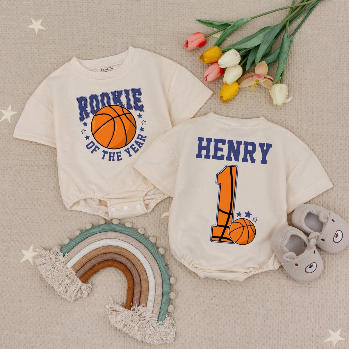 Personalized Name Rookie Of The Year Basketball Baby Romper Custom Basketball Kids 1st Birthday Shir