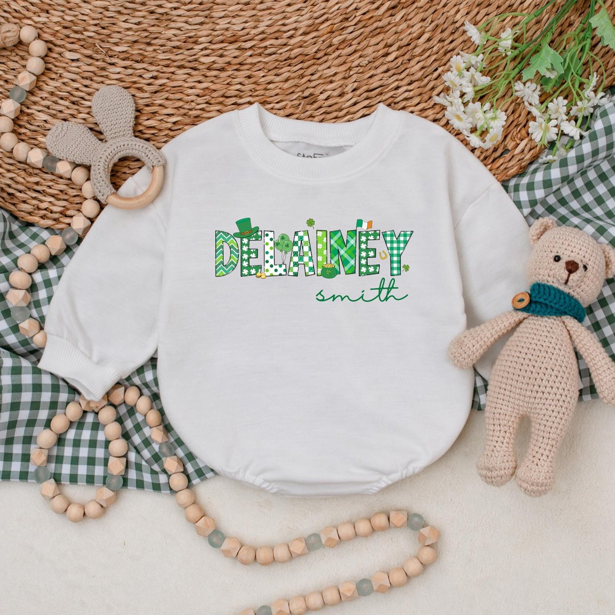 Personalized Name St Patrick's Day Baby Romper Custom Name Clover Bodysuit Baby Patrick's Day Outf 186