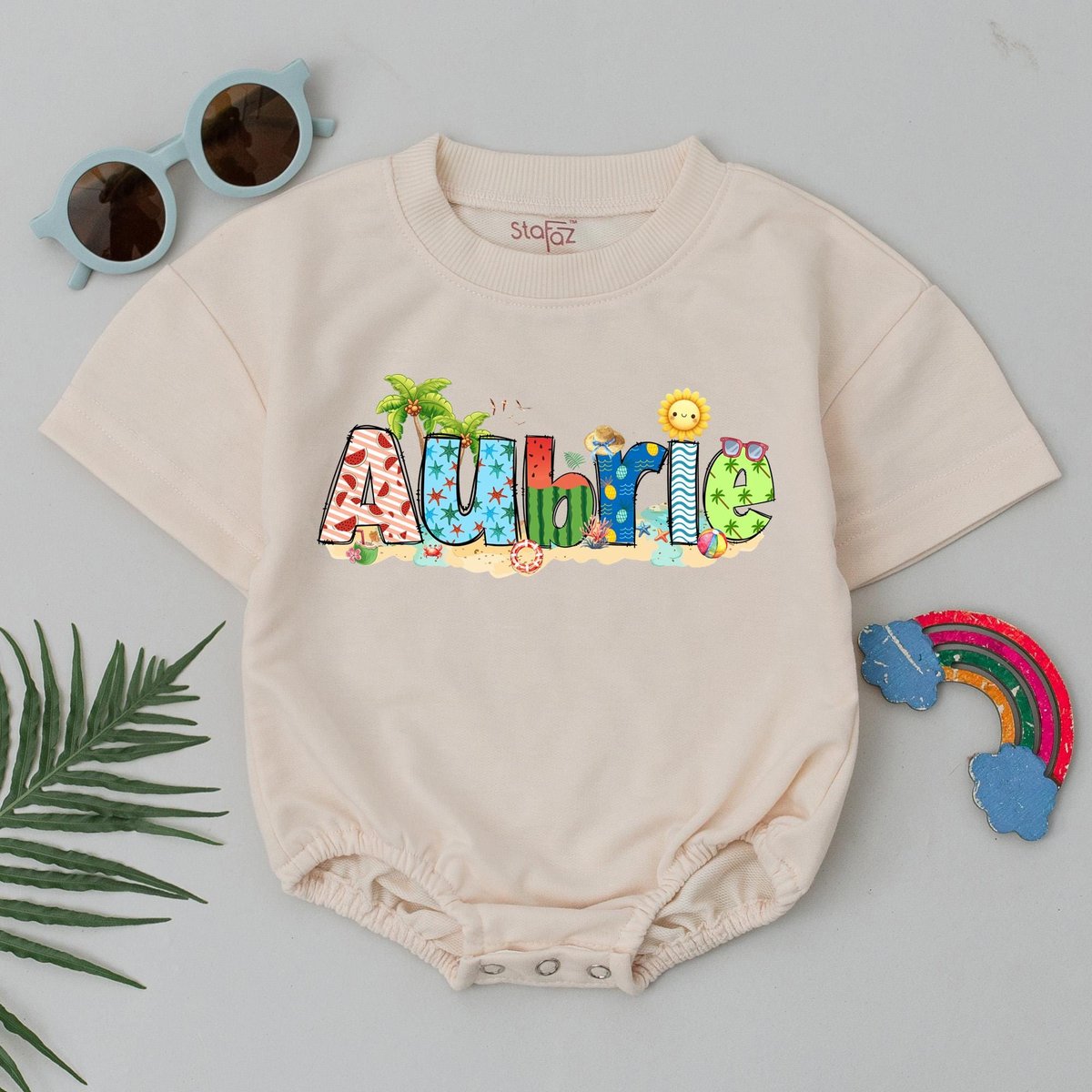 Personalized Name Summer Beach Baby Short Sleeve Romper Summer Beach Bodysuit Summer Kids Outfits Be