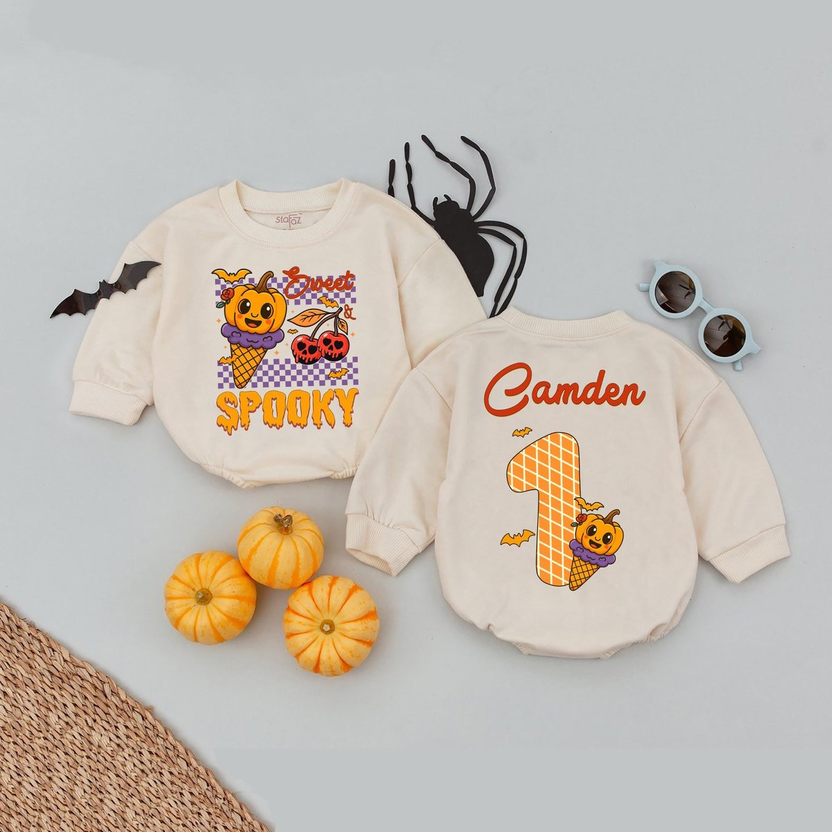 Personalized Name Sweet and Spooky Halloween Baby Romper Retro Halloween Ice-Cream BabysuitFunny Fal