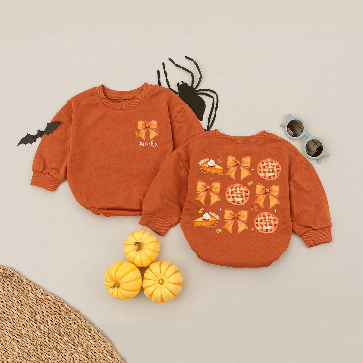 Personalized Name Thanksgiving Pie Romper Sweatshirt Retro Fall Pumpkin Bow Baby Clothes Custom Pump