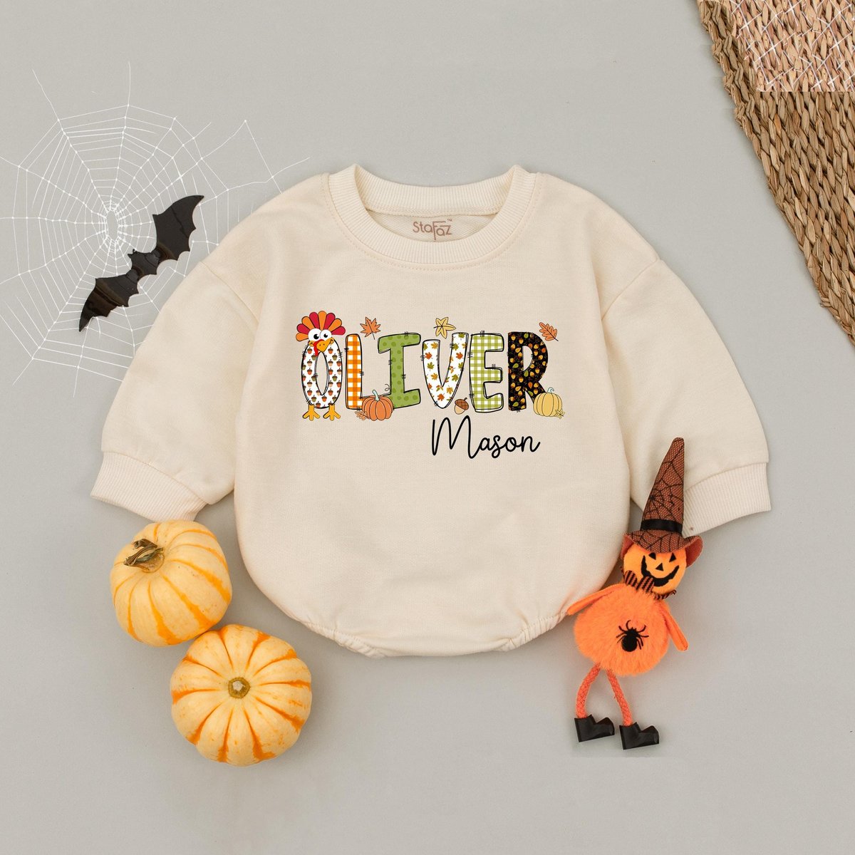 Personalized Name Thanksgiving Name Bubble Romper Short Sleeves Fall Pumpkin Thanksgiving Baby Rompe