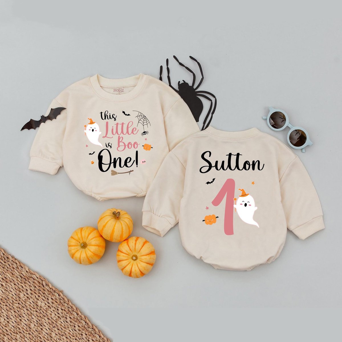 Personalized Name This Little Boo is One Birthday Girl Baby Romper 1st Halloween Girl Pink Halloween