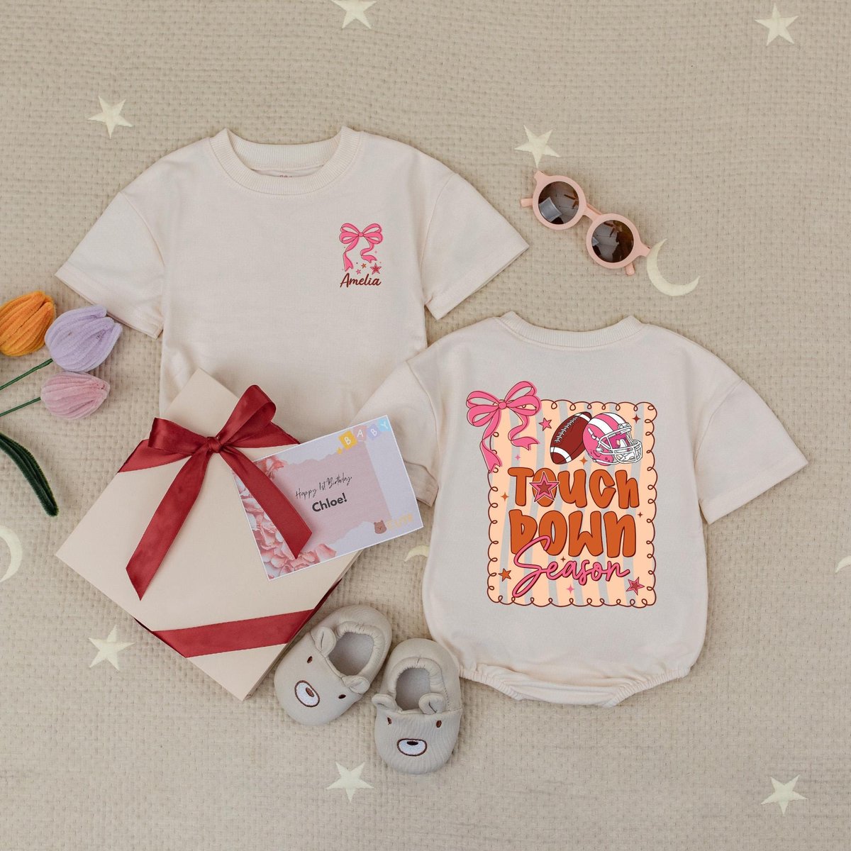 Personalized Name Touchdown Season Romper Custom Bow Football Baby Gift Football Mama Fall Football