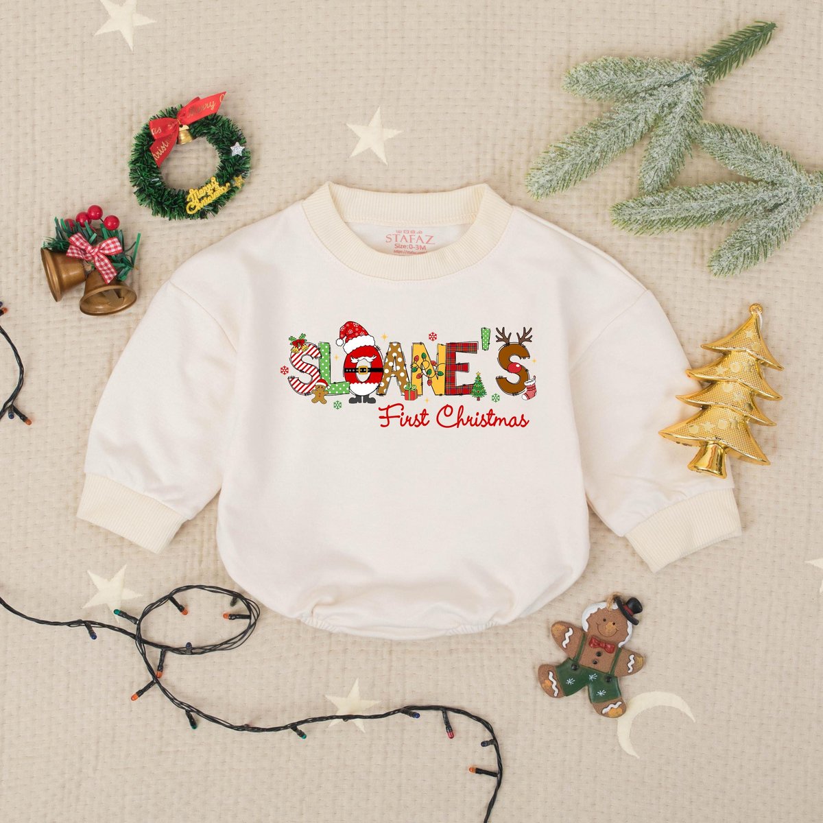 Personalized Name's First Christmas Bubble Romper Custom Baby Xmas Outfit Newborn Xmas Bodysuit Cut