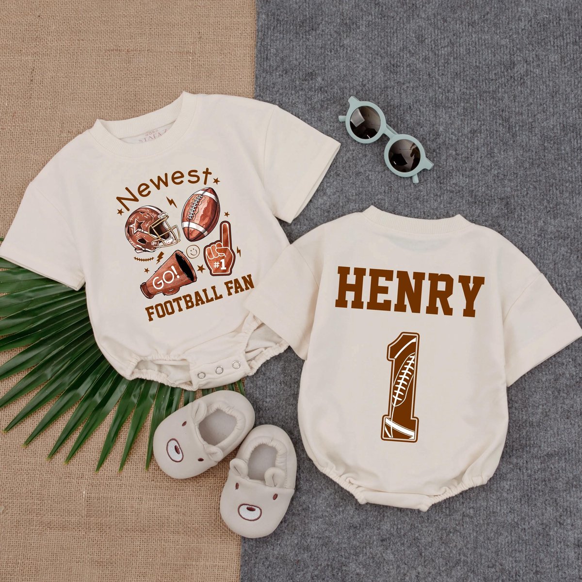 Personalized Newest Football Fan Baby Romper Custom Name and Number Game Day Baby Bodysuit First Bir 434