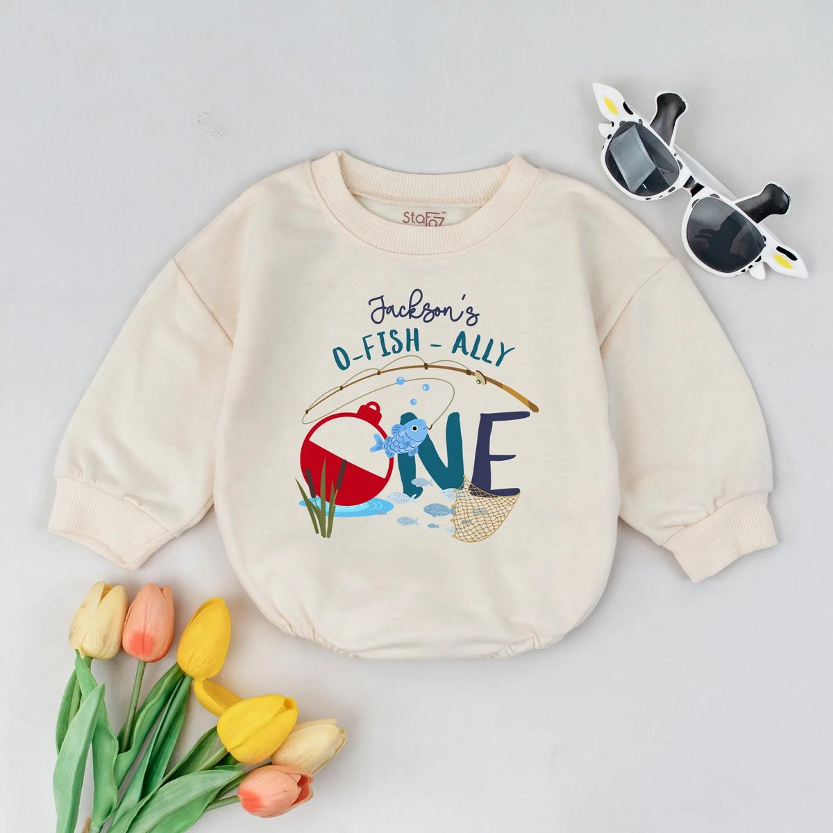 Personalized O'Fishally One Birthday Bubble Romper Custom Name Long Sleeve Baby Outfit Ocean Theme 433