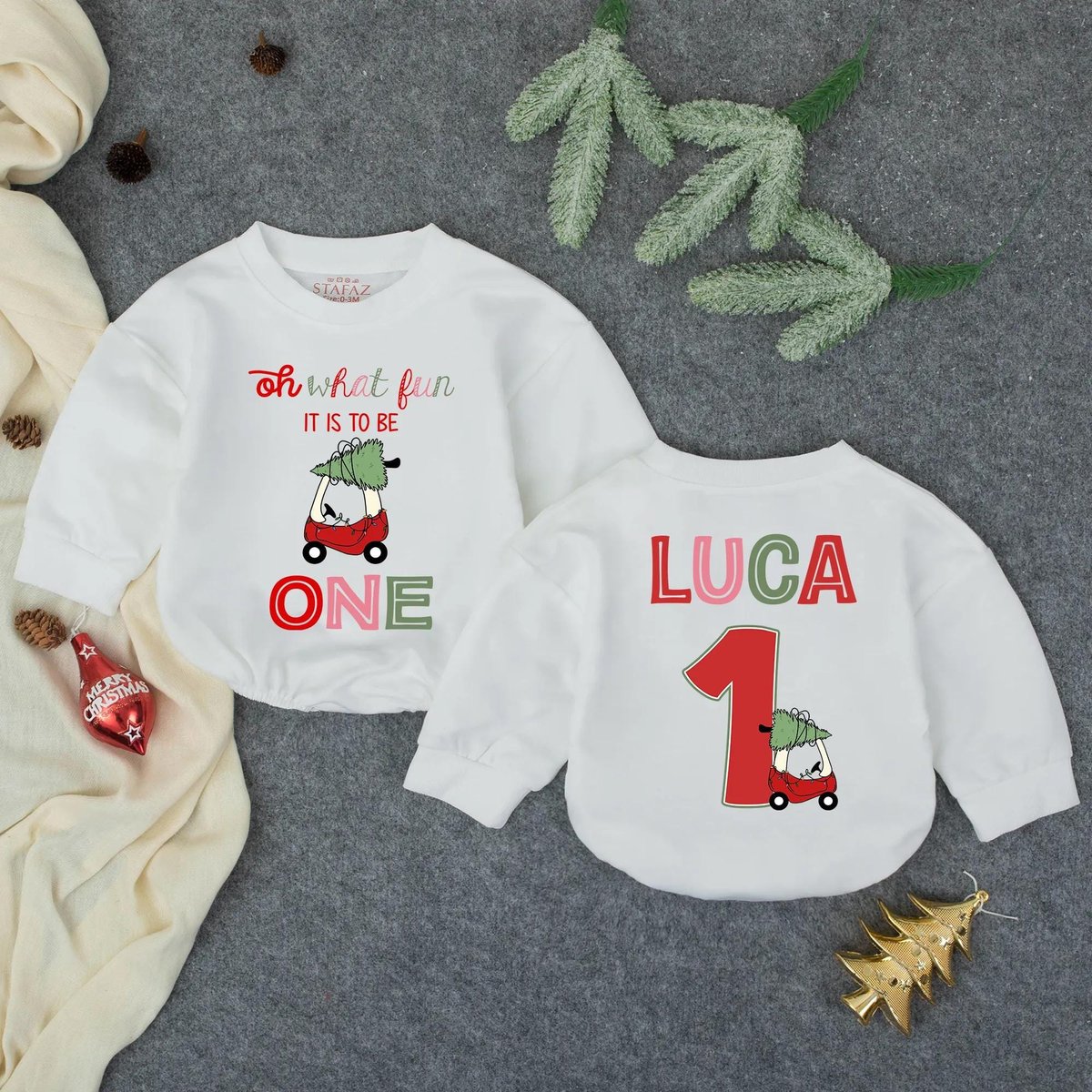 Personalized Oh What Fun 1st Birthday Christmas Bubble Romper Holiday Baby Outfit Custom Infant Swea 435