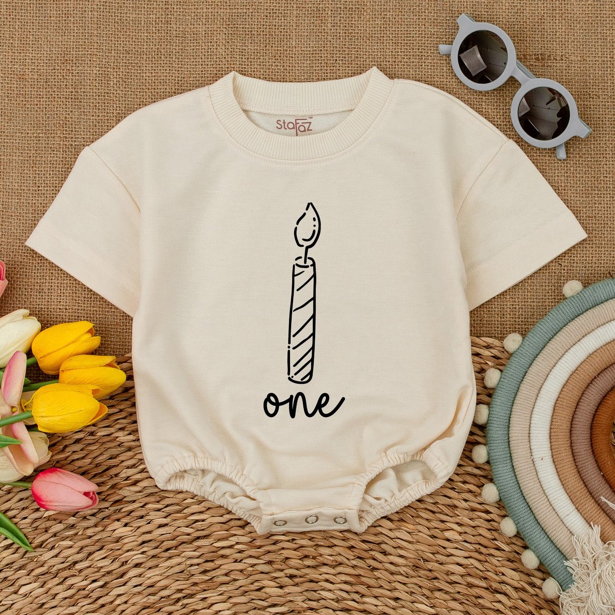Personalized One Birthday Candle Baby Romper One Candle Bodysuit First Birthday Clothes Birthday Cak 173