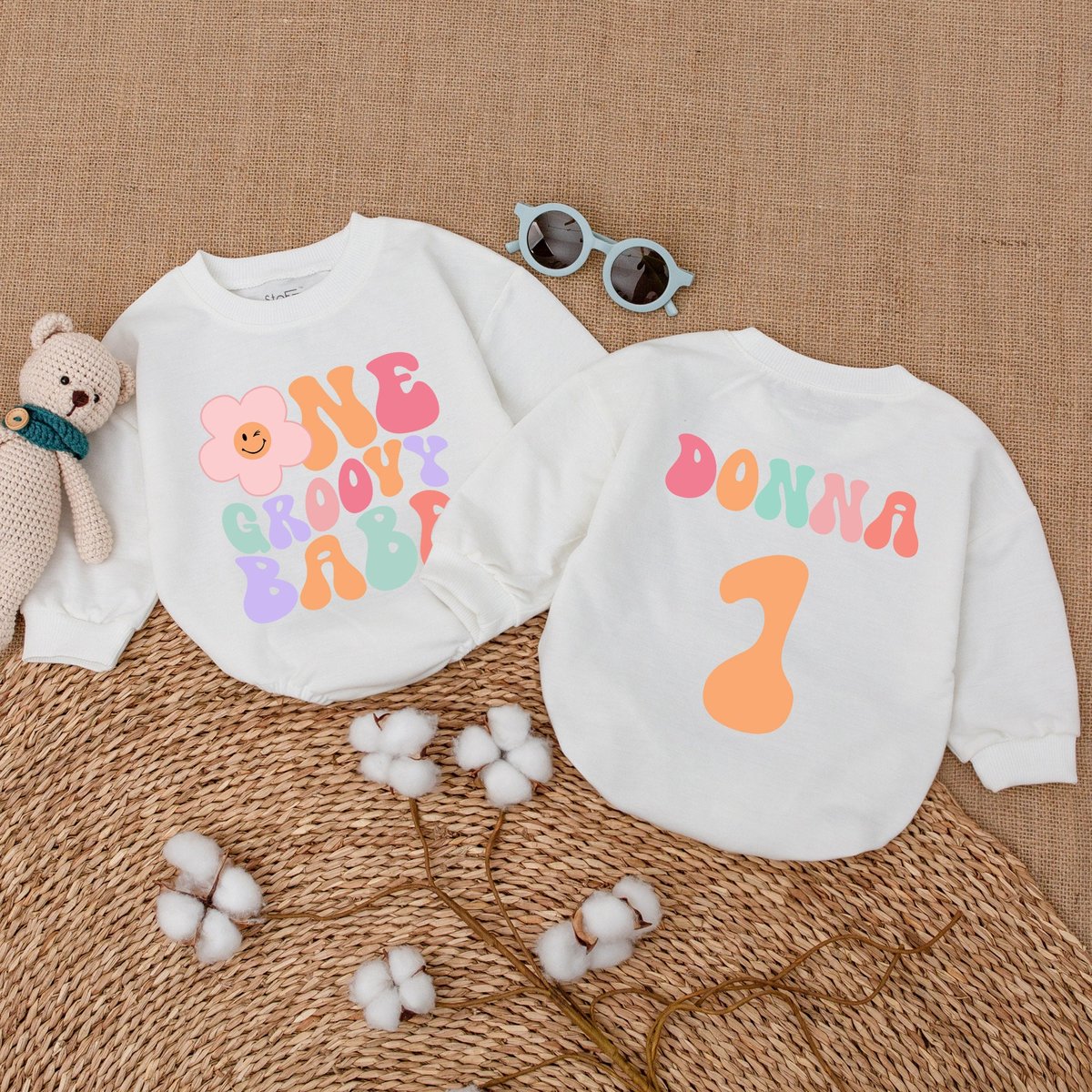 Personalized One Groovy Babe Birthday Romper Retro Hippie Birthday Bodysuit Baby Girl Birthday Smash 170