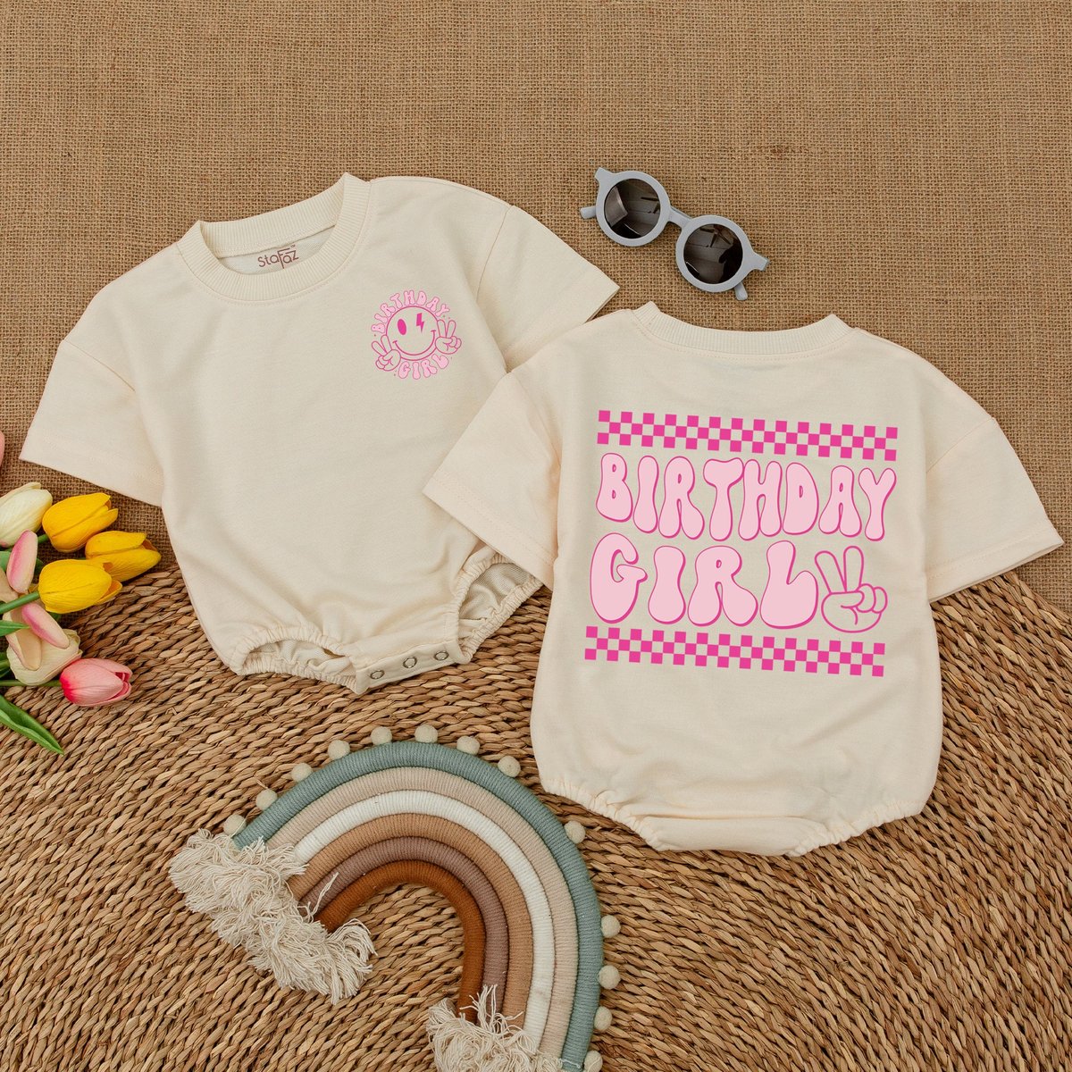 Personalized One Happy Babe Romper Birthday Girl Smiley Face Bodysuit Matching Family Birthday First 172