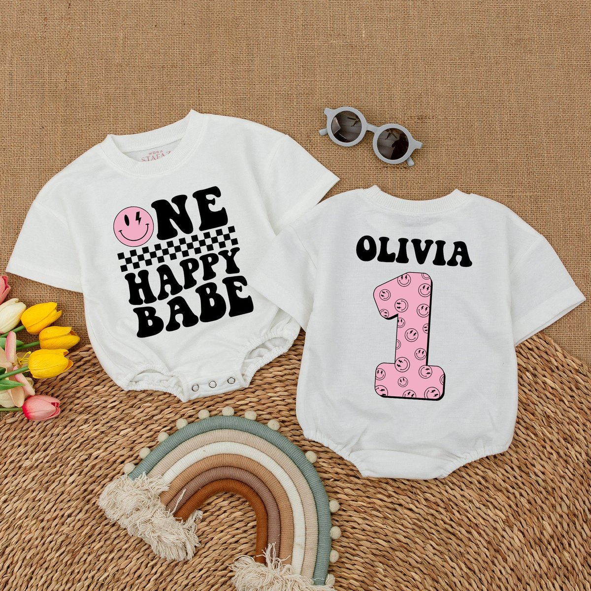Personalized One Happy Babe Romper One Happy Girl Smiley Face Bodysuit Matching Family Birthday Firs 174