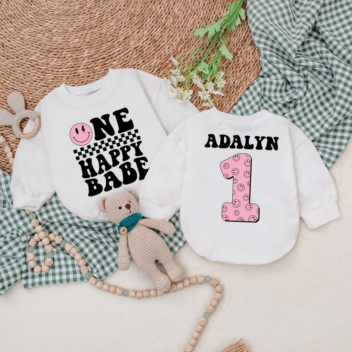 Personalized One Happy Babe Romper Matching Family Birthday Smiley Face Birthday Outfit Newborn Firs 181