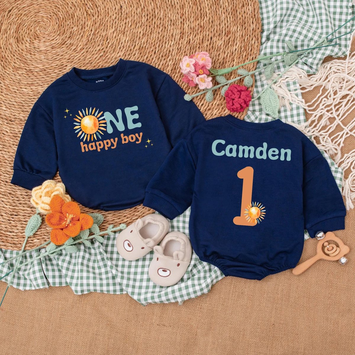 Personalized One Happy Boy Romper First Trip Around The Sun Baby Bodysuit Boho Sun Birthday Outift B 187