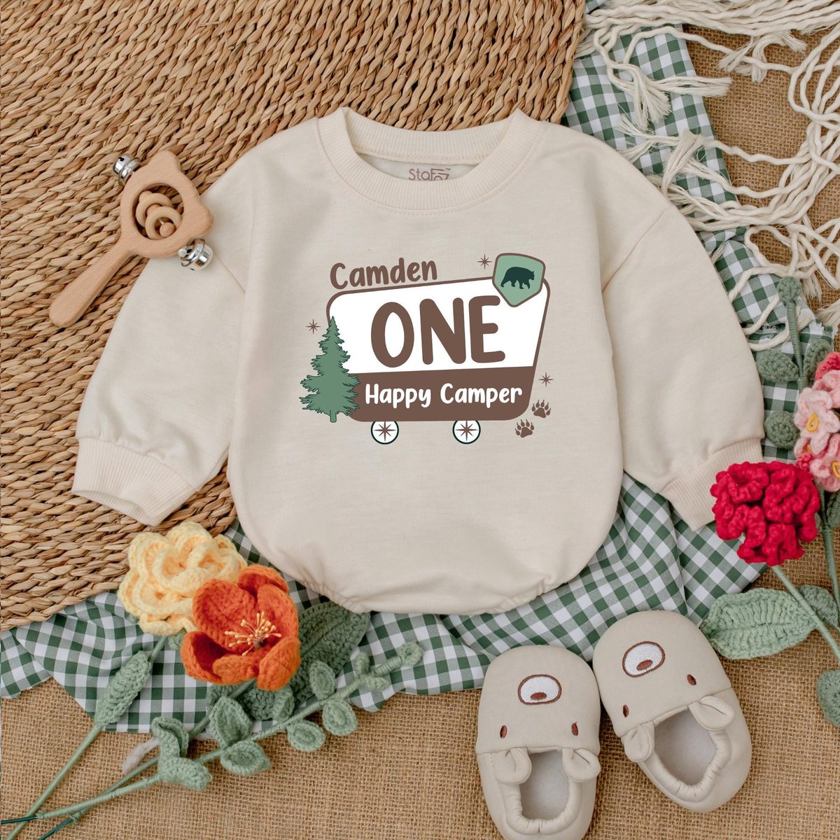 Personalized One Happy Camper Romper Camping 1st Birthday Bodysuit Boys First Birthday Outfit Advent 185