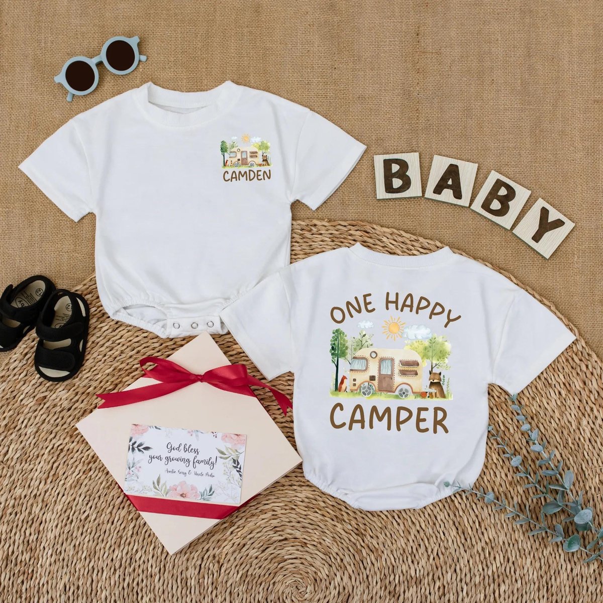 Personalized One Happy Camper Baby Romper Custom Name First Birthday Bodysuit Baby Boy Camping Outfi 431